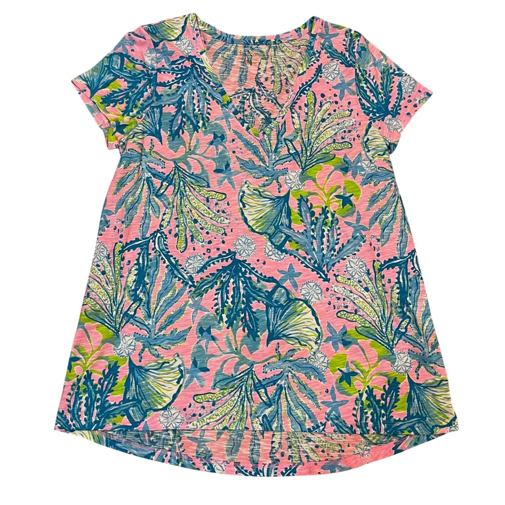 NWOT Lilly Pulitzer Etta V-Neck T-Shirt M Pink Blue Coral Shell Print Tropical